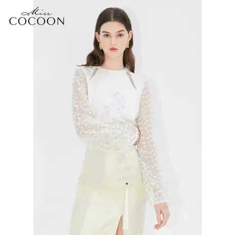 MISSCOCOON【凤羽雀翎系列】24春新款立体刺绣网纱拼接袖带钻卫衣图片