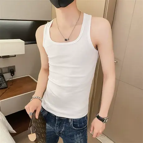 夏季男士背心坎肩汗衫修身无袖纯色紧身潮流休闲运动青年ins体恤商品大图