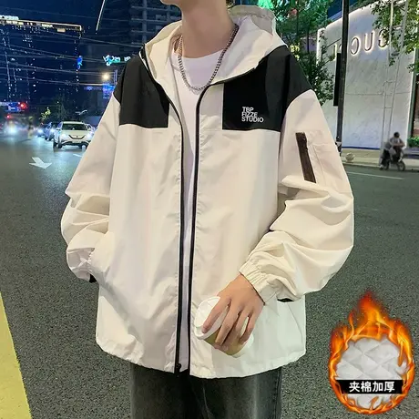 加厚夹棉连帽夹克男潮牌春秋季2024新款美式冲锋衣服宽松休闲外套图片