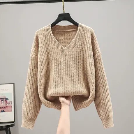V领针织衫毛衣女士上衣打底衫2023春秋新款韩版宽松长袖纯色套头商品大图