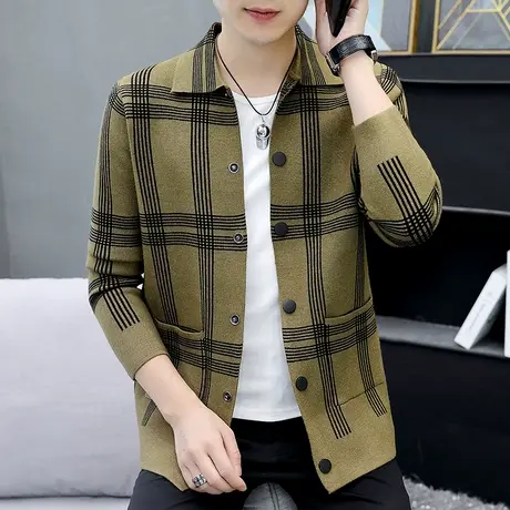 外套男针织衫夹克新款潮流格子毛衣外穿翻领帅气宽松休闲秋装褂子商品大图