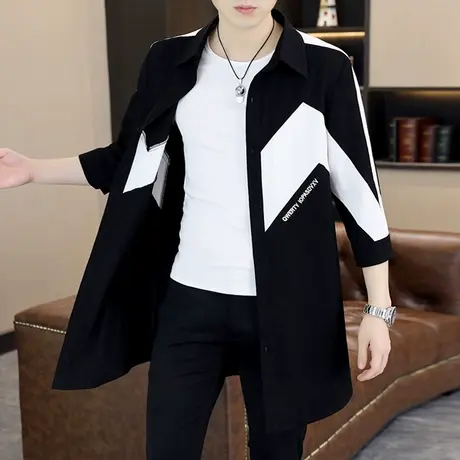 中长款七分袖风衣外套男士潮流薄款拼色帅气披风夏季透气防晒衣服图片