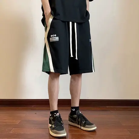 2024夏季新款休闲短裤男拼接撞色ins潮流情侣运动宽松过膝五分裤商品大图