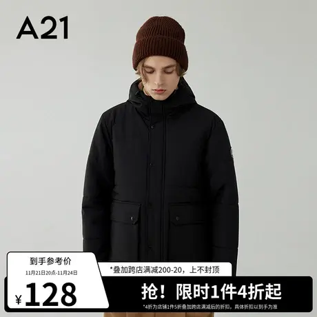 A21outlets男装连帽长袖棉服外套2022秋冬季黑色加厚保暖休闲棉衣图片