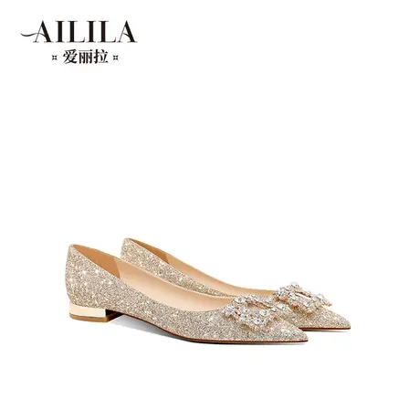 爱丽拉金色平底结婚鞋女2025新款春季新娘鞋禾秀主婚纱两穿不累脚图片