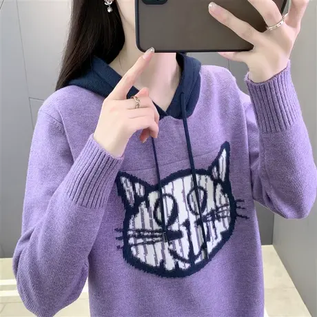 针织卫衣女2023年早秋连帽宽松上衣韩版洋气帽衫秋冬打底加厚毛衣图片