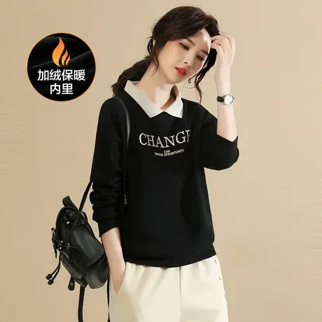 韩潮袭人复古撞色刺绣加绒卫衣女2023冬季新款美式宽松显瘦上衣图片