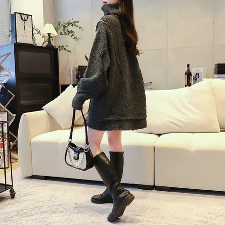 设计感毛衣女加厚中长款2023新款秋冬洋气百搭宽松慵懒风针织外套商品大图