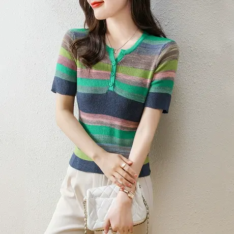 夏季修身半开领条纹针织衫韩版新款女士显瘦上衣气质薄款内搭T恤图片