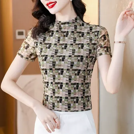 复古立领短袖上衣女2024夏季新款气质印花T恤修身显瘦网纱小衫潮商品大图