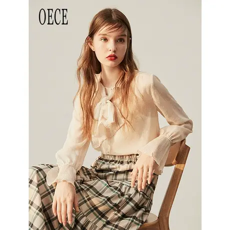Oece春装新款女装文艺复古减龄系带喇叭袖衬衫设计感长袖上衣商品大图
