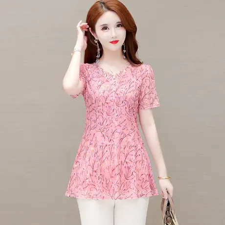 2023夏装新款t恤女士印花宽松百搭收腰遮肚短袖网纱中长款女上衣商品大图