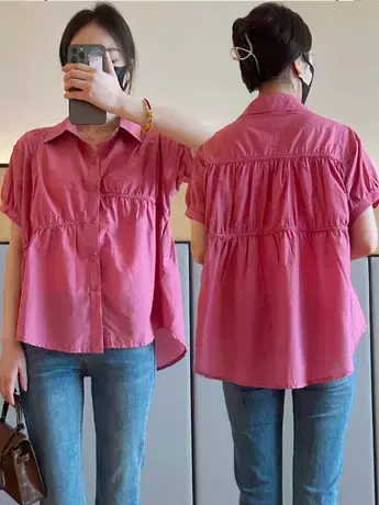 韩系设计感褶皱polo领短袖衬衫女2023夏季新款宽松单排扣百搭上衣商品大图