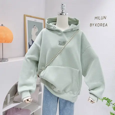 韩系奶呼呼摇粒绒上衣秋冬款字母连帽加厚保暖卫衣设计感休闲外套商品大图