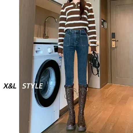 深蓝色小脚牛仔裤女秋冬季新款高腰显瘦紧身小个子九分修身铅笔裤图片