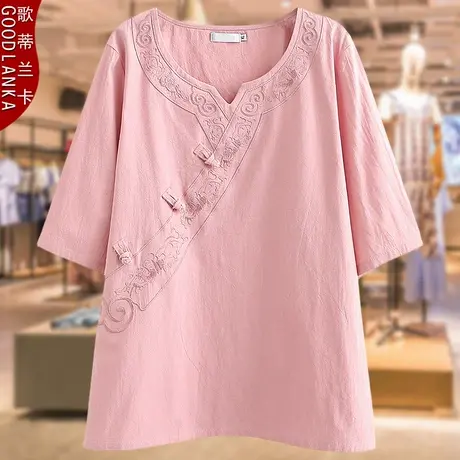 中老年女士短袖上衣胖妈妈夏装洋气民族风加肥加大码绣花宽松T恤图片