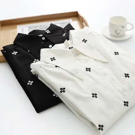 2021年秋季文艺小清新刺绣花朵中长款尖领衬衫女长袖宽松打底上衣商品大图