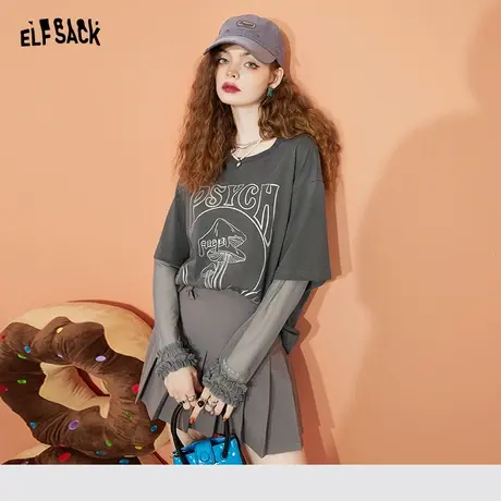 妖精的口袋拼接假两件t恤女2023秋季新款木耳边运动休闲长袖上衣商品大图