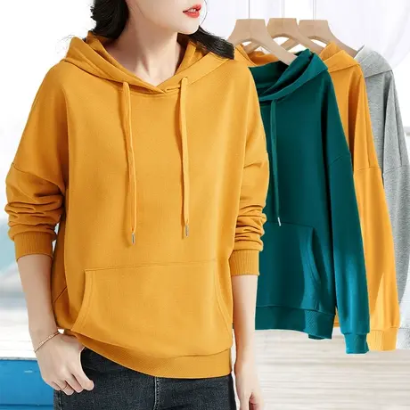 黄色连帽卫衣女2024年春秋新款大版宽松韩版简约百搭套头长袖t恤商品大图
