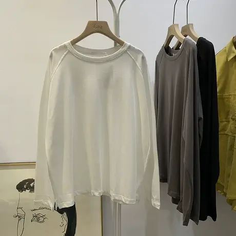 长袖t恤女秋冬2020新款韩版ins潮纯色百搭插肩袖宽松打底衫上衣服商品大图