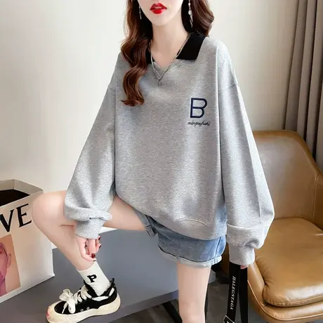 小个子翻领polo衫卫衣女春秋季韩版宽松薄款v领假两件上衣服外套商品大图