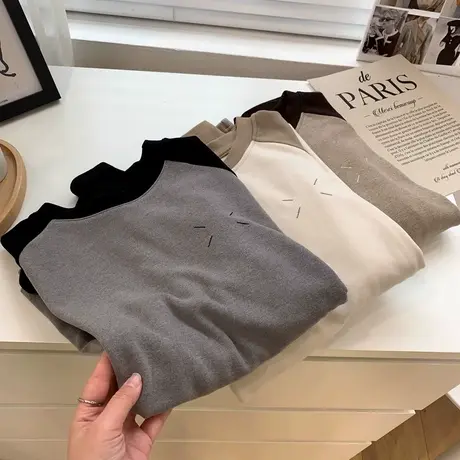 加绒加厚上衣秋冬装女宽松韩版德绒保暖打底衫内搭插肩长袖T恤潮商品大图