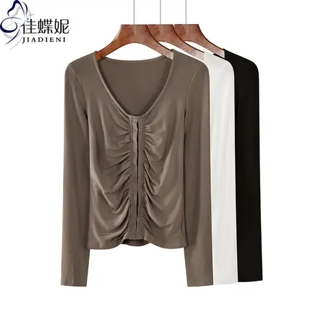 秋季新款韩版圆领纯棉修身显瘦纯色褶皱长袖体恤上衣内搭打底衫女商品大图