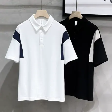 美式重磅宽松翻领短袖POLO衫男2023夏季新款潮牌休闲上衣拼接T恤商品大图