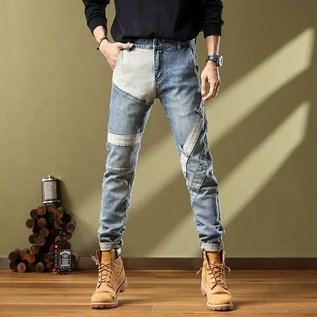 美式复古牛仔裤男款修身小脚印花宽松破洞牛仔裤男水洗牛仔男裤图片