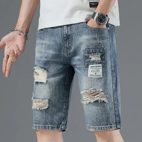 痞帅休闲牛仔短裤男士宽松外穿夏季薄款破洞乞丐中裤子潮牌大裤衩商品大图