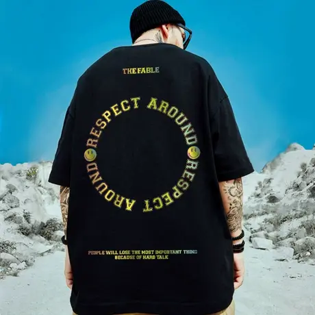 嘻哈国潮衣服短袖男潮牌潮流加肥加大t恤宽松五分袖情侣半袖男潮图片