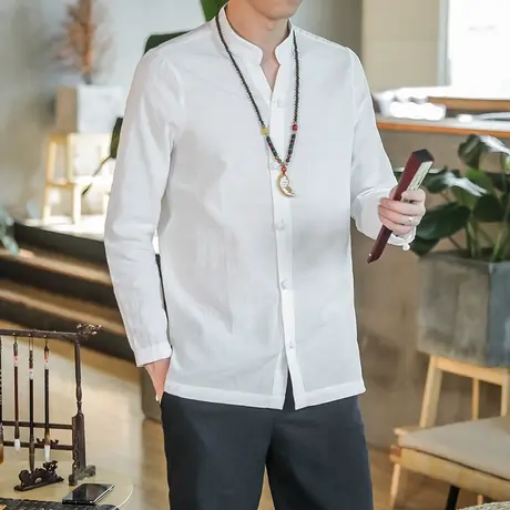 中式盘扣唐装棉麻衬衫立领男士复古风亚麻长袖衬衣薄款麻料茶服商品大图