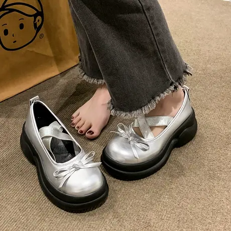 爆款银色蝴蝶结玛丽珍小皮鞋女英伦风复古增高厚底配裙子jk单鞋子图片