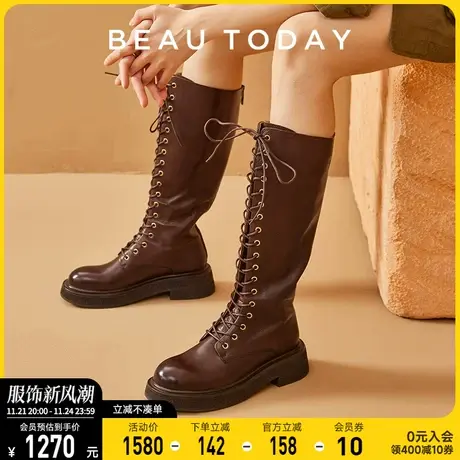 BeauToday长筒靴女2024年新款BT高跟骑士靴秋季棕色真皮复古女靴图片