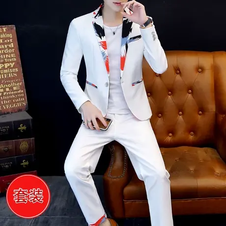 发型师秋季花西装套装男士薄款韩版夜场修身型男装潮牌休闲小西服图片