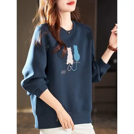 宝诗黎圆领刺绣钉珠棉质卫衣女早秋长袖宽松上衣百搭休闲新款女装图片