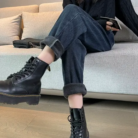 加绒牛仔裤女冬季新款宽松遮胯高腰加厚直筒萝卜哈伦小个子老爹裤图片