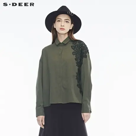 sdeer圣迪奥复古绿调优雅镂空绣花翻领衬衫女春S18480574图片