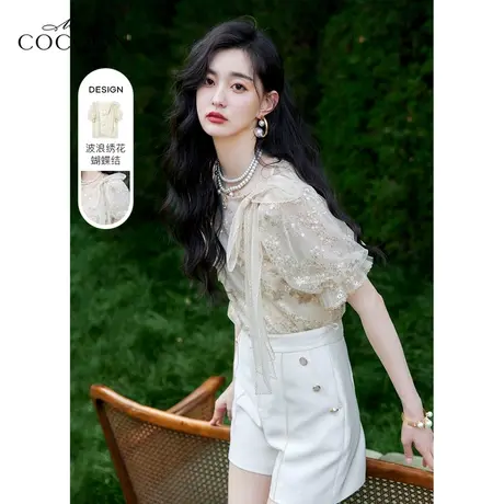 miss COCOON法式泡泡袖蕾丝上衣女2023新款夏季短袖时尚洋气小衫商品大图