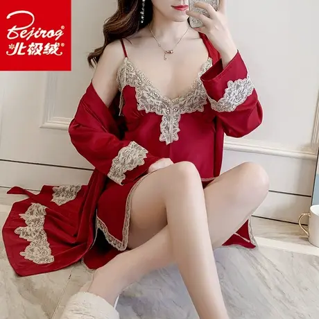 夏季睡衣女两件套带胸垫家居服套装睡裙睡袍薄款性感吊带冰丝睡衣商品大图