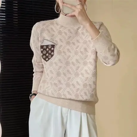 洋气半高领菱形针织衫套头女装毛衣2023冬季新品保暖长袖内搭上衣图片