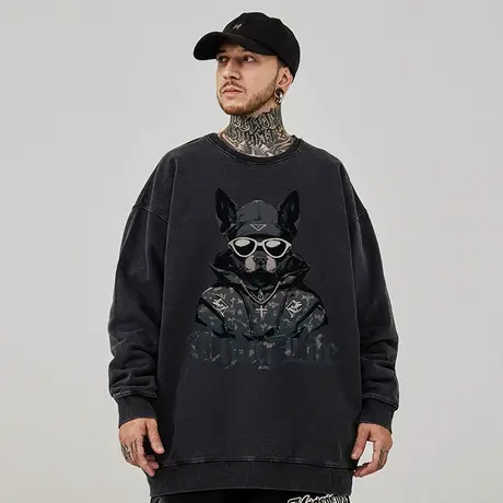 重磅美式复古嘻哈狗头大码卫衣男纯棉水洗做旧高街外套加绒春秋款商品大图