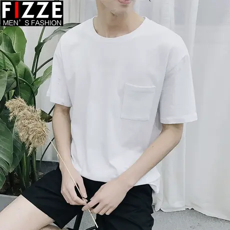 夏装短袖T恤男士圆领纯色修身半袖口袋体恤潮男夏季上衣服打底衫商品大图