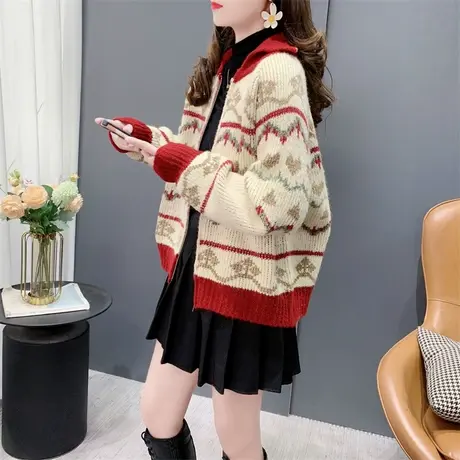 复古撞色提花小个子毛衣开衫女秋冬2023年新款慵懒风加厚针织外套商品大图