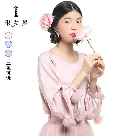 淑女屋旗舰店官网12ge跳芭蕾舞的公主春季新款圆领手工玫瑰花上衣图片
