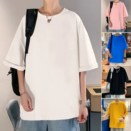 港风短袖T恤男纯棉国潮宽松夏季半袖ins潮牌纯色打底衫基础款体恤商品大图