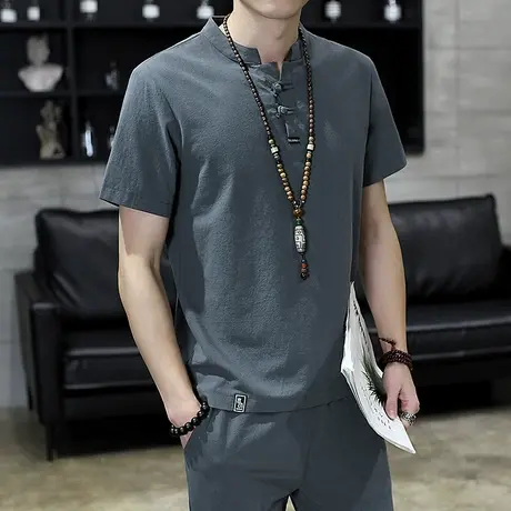 夏季唐装男青年中国风套装男士夏季短袖T恤盘扣古风佛系男装禅服图片