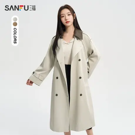 三福单外套2024春季皮质拼接翻领收腰腰带风衣上衣女装482258商品大图
