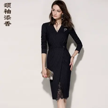 颈袖添香2023夏季正装气质修身包臀OL装藏青条纹V领连衣裙图片