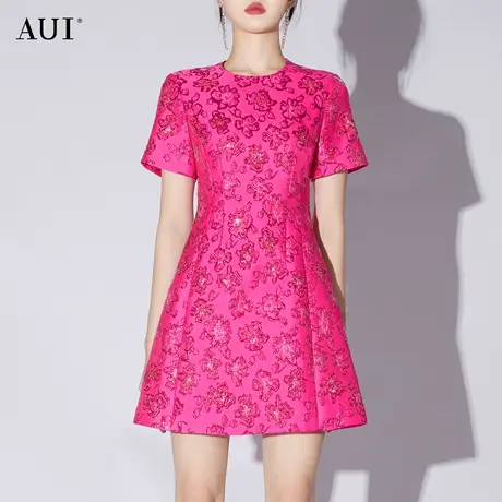 AUI玫红色减龄气质短袖连衣裙女2023夏新款设计感小众修身中长裙图片